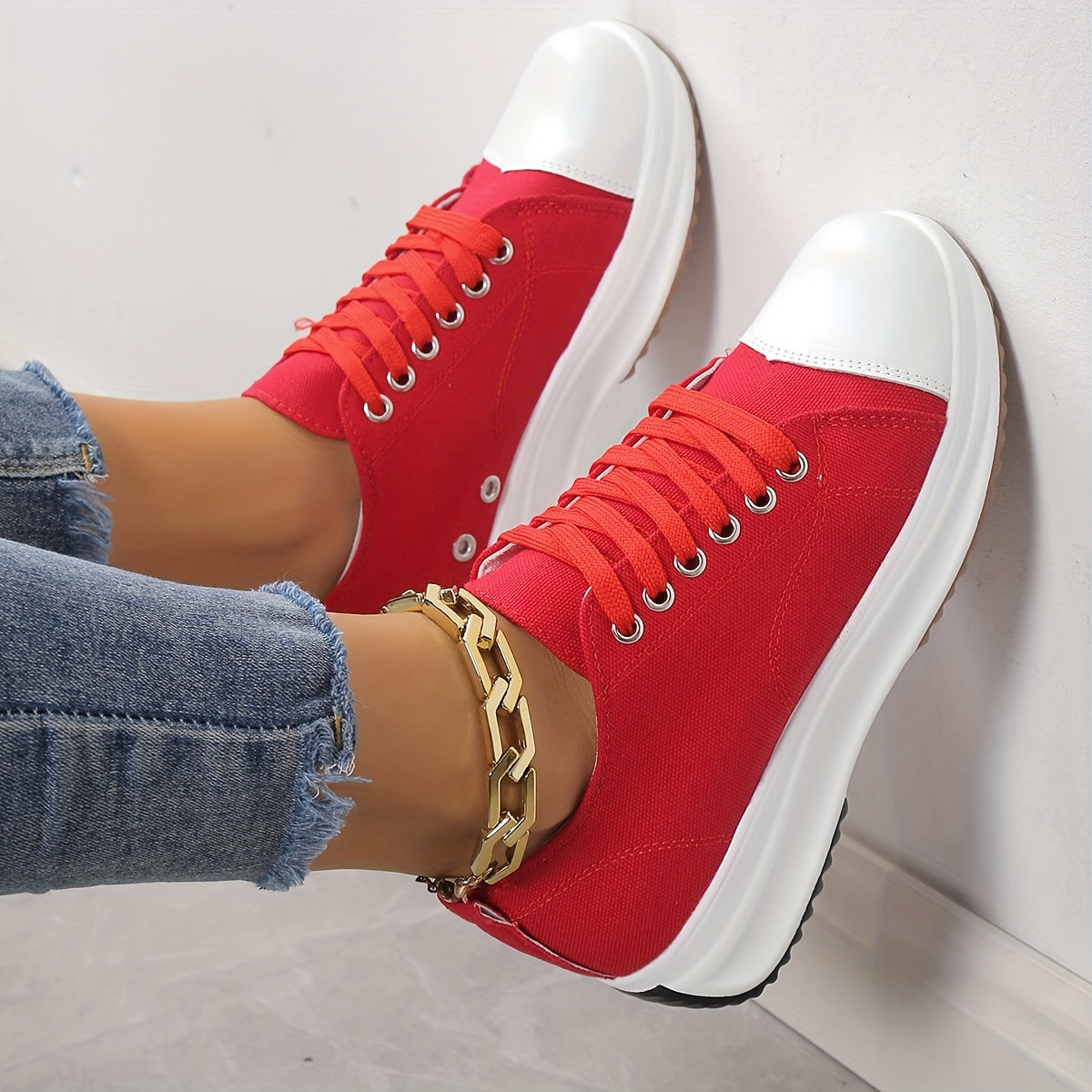 Platform Canvas Sneakers, Solid Color Low Top Trainers